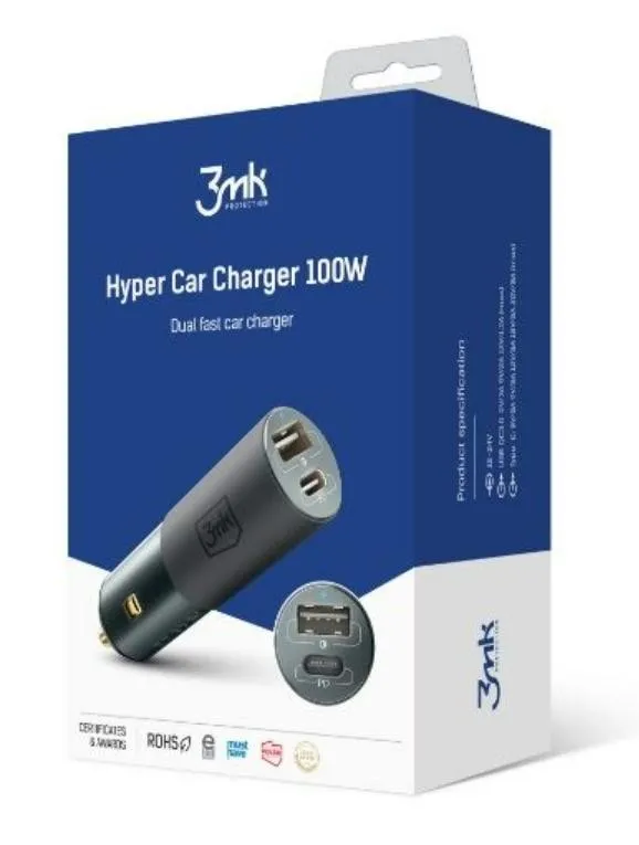 Alternativ bild 0 för 3MK Billaddare 100W USB-C USB-A Hyper - Silver