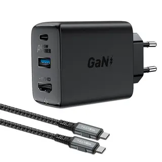 Produktfoto för Acefast 2in1 laddare GaN 65W USB-C/USB och HDMI-adapter 4K@60Hz + USB-C-kabel 1,8m - Svart