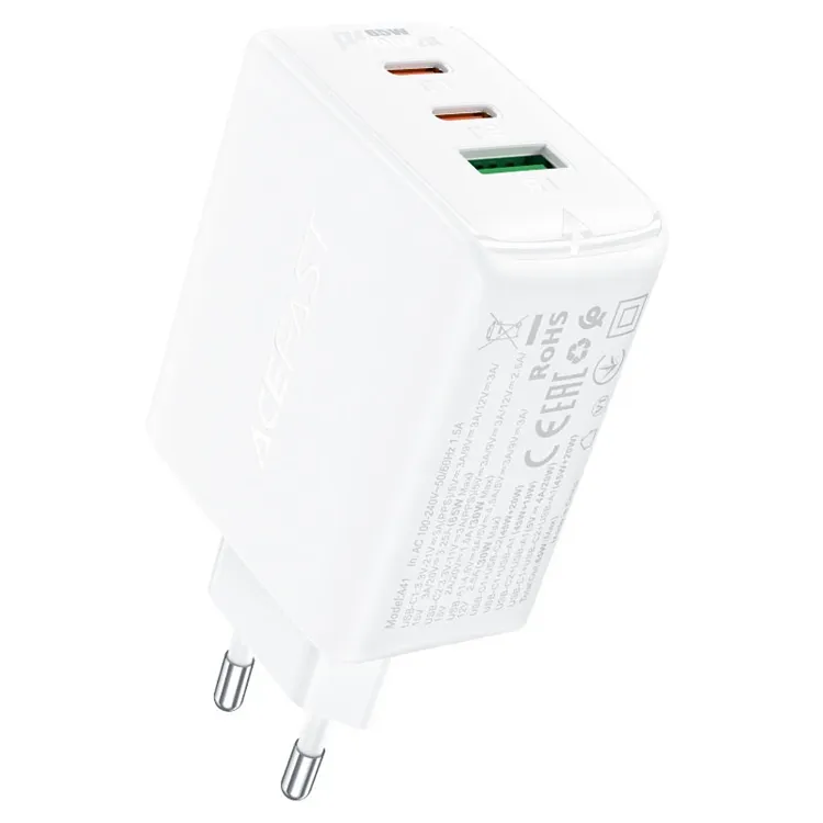 Alternativ bild 0 för Acefast snabbladdare GaN 2x USB-C / USB-A, PPS, PD, QC4, 65W - Vit