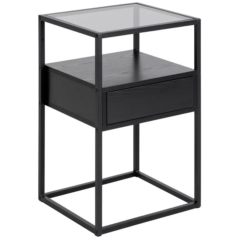 Bild 1 för ACT NORDIC Randolf s&auml;ngbord, m. 1 hylla och 1 l&aring;da - r&ouml;kt glas, svart askmelamin, svart st&aring;l (40x35)
