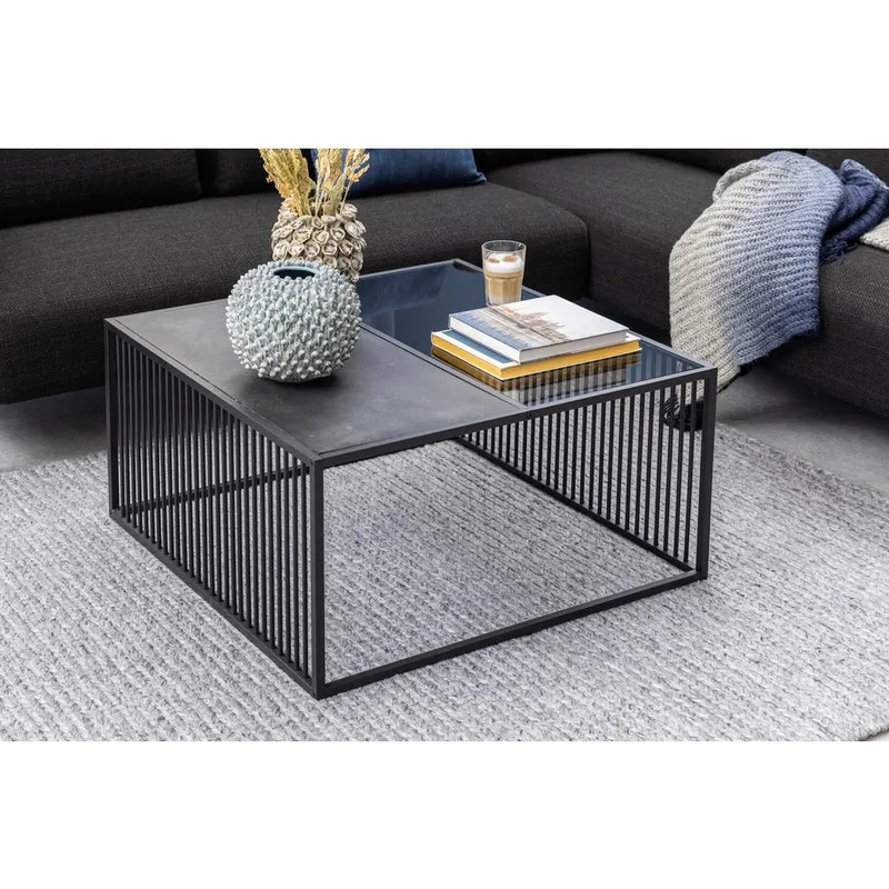 Bild 3 för ACT NORDIC Strington soffbord, fyrkantigt - svart marmor melamin/r&ouml;kf&auml;rgat glas och svart metall (80x80)