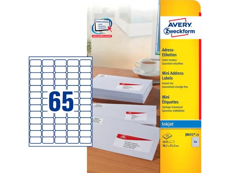 Alternativ bild 0 för Adresslappar avery, för bläckstråleskrivare, 38,1 x 21,2 mm, låda med 1.625 st.
