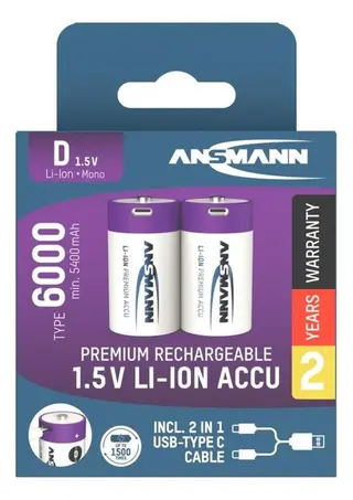 Produktfoto för Ansmann 2-pack Uppladdningsbart D-batteri Li-on 6000mAh med USB-C