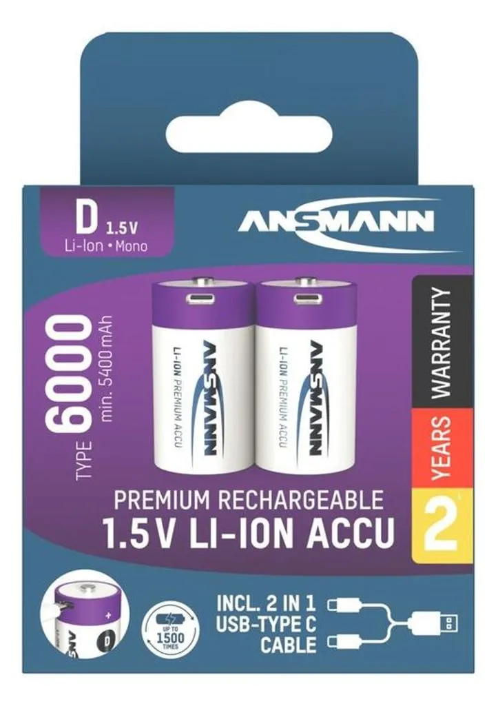 Alternativ bild 0 för Ansmann 2-pack Uppladdningsbart D-batteri Li-on 6000mAh med USB-C