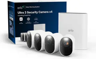 Produktfoto för Arlo Ultra 3 - 2025 Edition - nätverksövervakningskamera - utomhusbruk, inomhusbruk - UV / weather resistant - färg (Dag&Natt) - 8 MP - 3840 x 2160 - ljud - trådlös - Wi-Fi - Bluetooth 4.2 LE - med VMB5000 SmartHub (paket om 4)