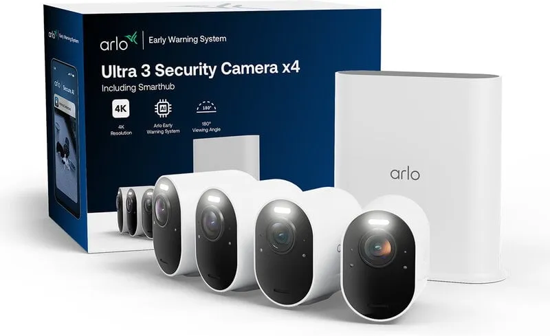 Alternativ bild 0 för Arlo Ultra 3 - 2025 Edition - nätverksövervakningskamera - utomhusbruk, inomhusbruk - UV / weather resistant - färg (Dag&Natt) - 8 MP - 3840 x 2160 - ljud - trådlös - Wi-Fi - Bluetooth 4.2 LE - med VMB5000 SmartHub (paket om 4)