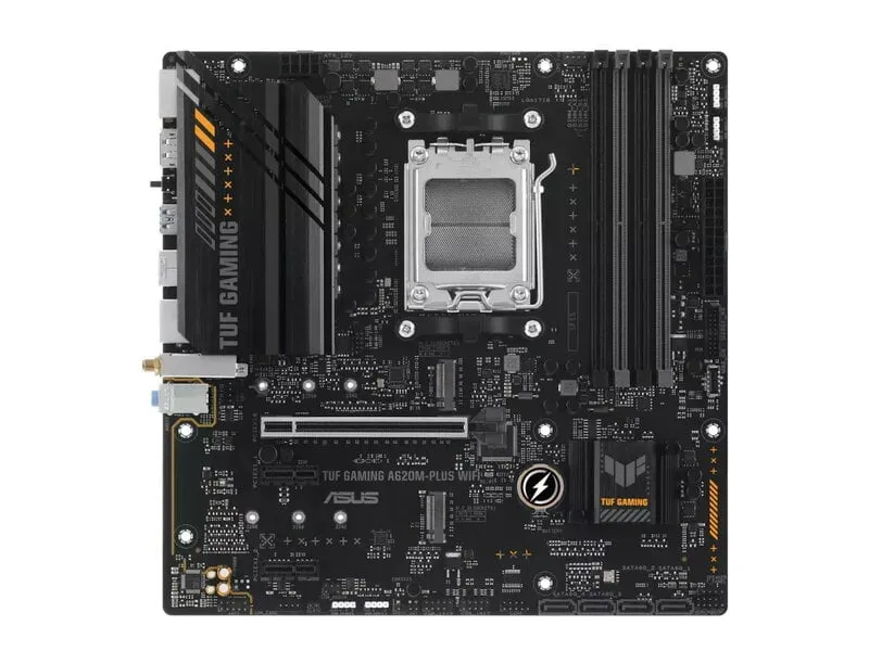 Alternativ bild 0 för ASUS TUF GAMING A620M-PLUS WIFI - Moderkort - micro ATX - Socket AM5 - AMD A620 Chipuppsättning - USB 3.2 Gen 1, USB-C 3.2 Gen 1 - Gigabit LAN, 2.5 Gigabit LAN, Bluetooth, Wi-Fi - inbyggda grafiken (CPU krävs) - HD-ljud (8 kanaler)