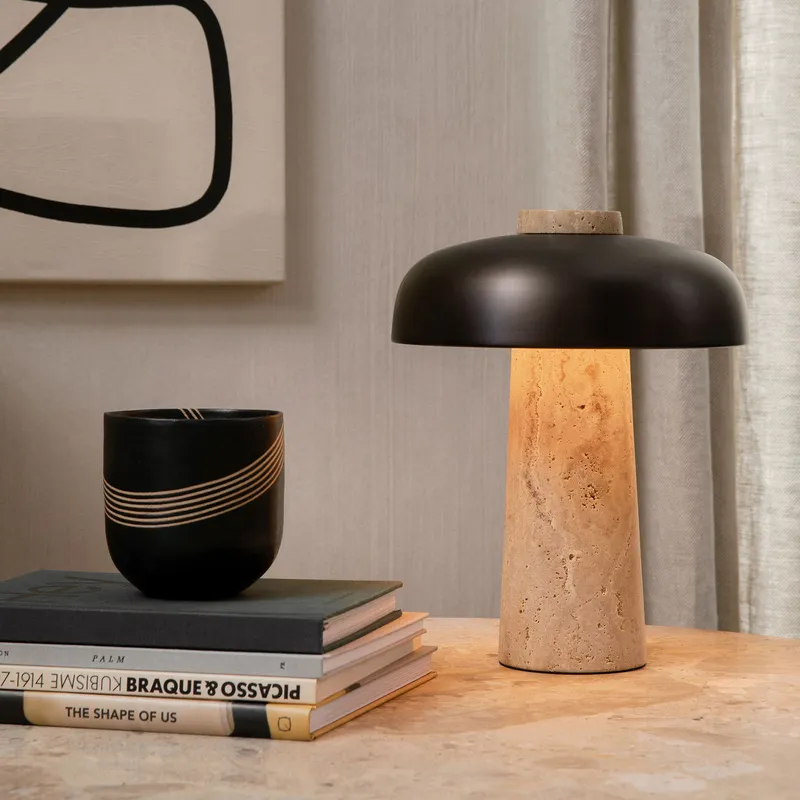 Bild 2 för Audo Copenhagen - Reverse Table Lamp - Bordslampa - Travertine / Bronzed Brass - Ø24 x H30 cm