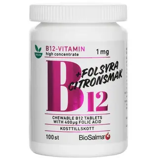 Produktfoto för BioSalma B12 vitamin 1mg +folsyra 100 tuggtabletter