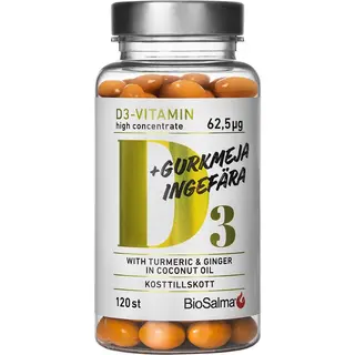 Produktfoto för BioSalma D3 62,5 ug + Gurkmeja Ingefära 120 kapslar