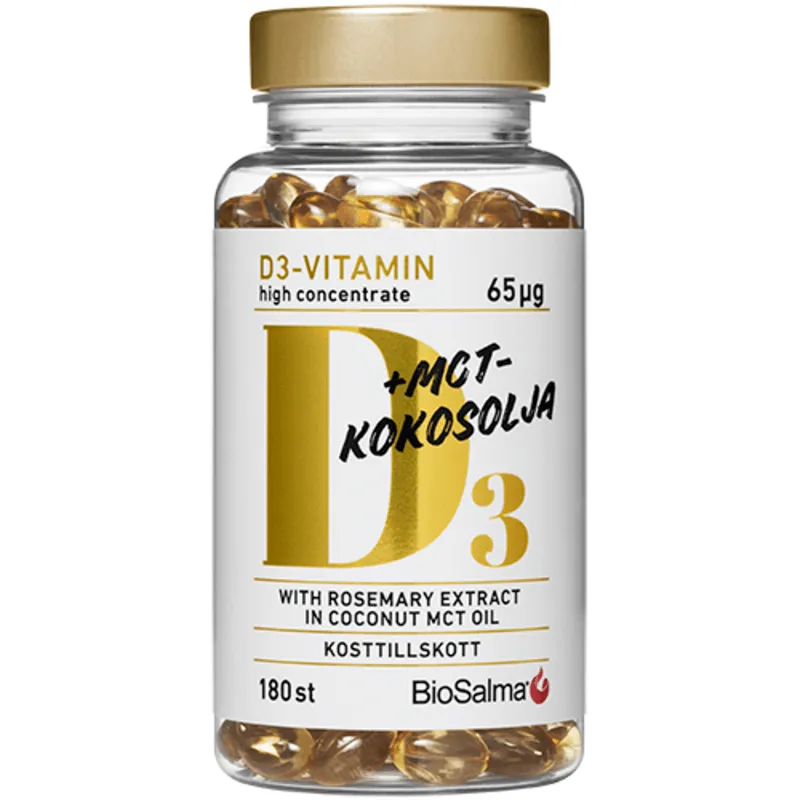Bild 1 för BioSalma D3-vitamin 65 μg i MCT-kokosolja 180 kapslar