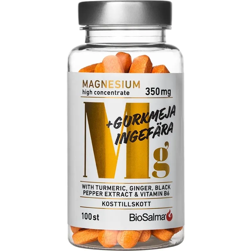 Bild 1 för BioSalma Magnesium 350mg + Gurkmeja, Ingefära 100 st