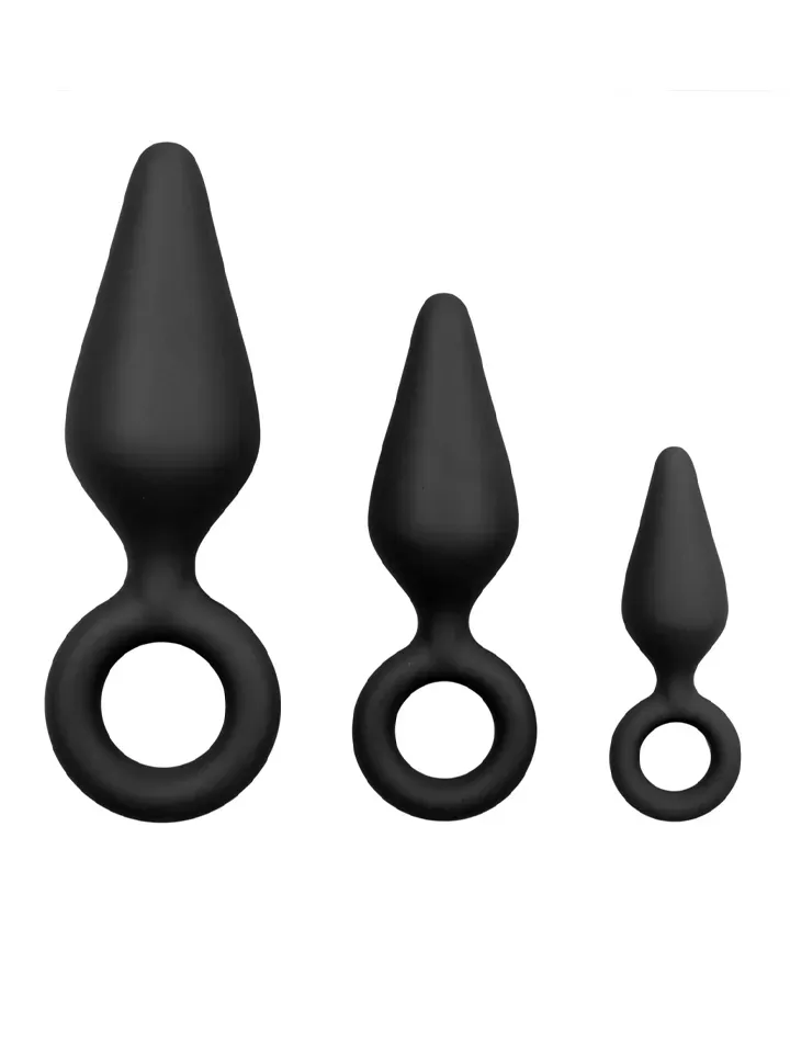 Bild 1 för BLACK BUTTPLUGS WITH PULL RING - SET MED 3 ANAL PLUGGAR