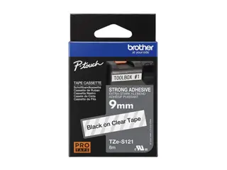 Produktfoto för Brother TZe-S121 - Extrastark häftning - svart på klar - Rulle (0,9 cm x 8 m) 1 kassett(er) bandlaminat - för Brother PT-D210, D600, H110  P-Touch PT-1005, 1880, E800, H110  P-Touch Cube Plus PT-P710