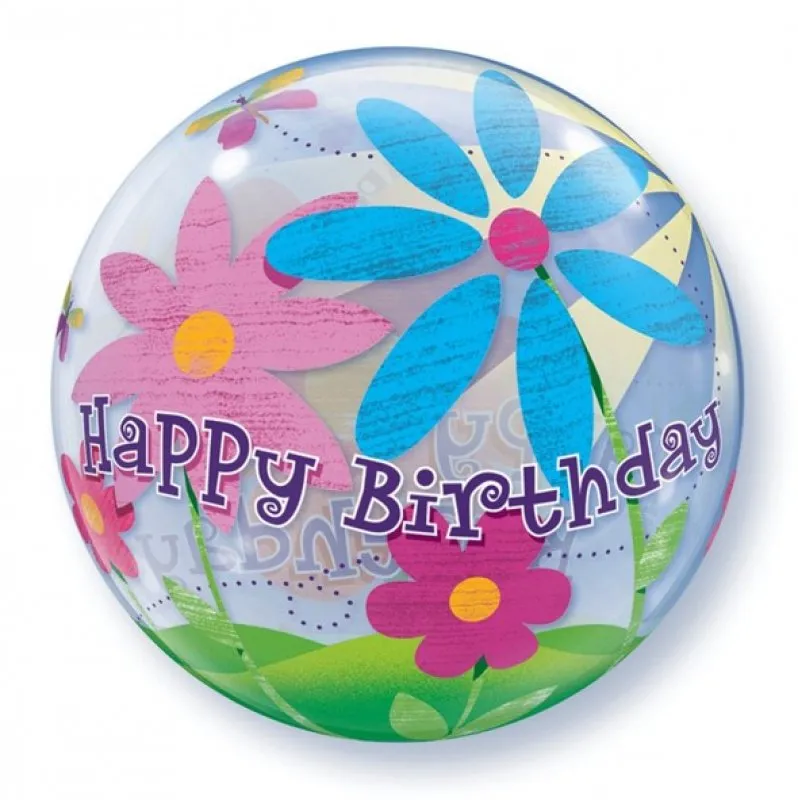 Alternativ bild 0 för Bubblaballong Happy Birthday &  blommor