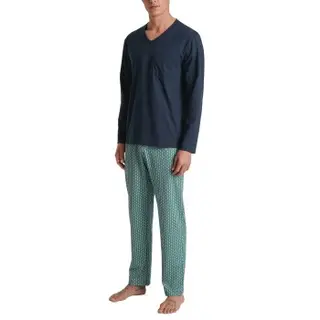 Produktfoto för Calida Relax Imprint 3 Long Pyjama Blå/Grön bomull Large Herr