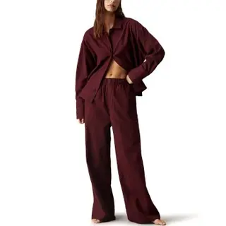Produktfoto för Calvin Klein Flannel Sleep LS Buttomdown Pant Set Vinröd bomull X-Large Dam