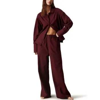 Alternativ bild 0 för Calvin Klein Flannel Sleep LS Buttomdown Pant Set Vinröd bomull X-Large Dam