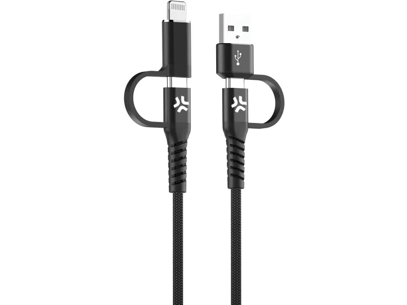 Alternativ bild 0 för Celly 4-i-1-kabel USB-C/USB-A till USB-C/Lightning Max 60W 2 m Svart