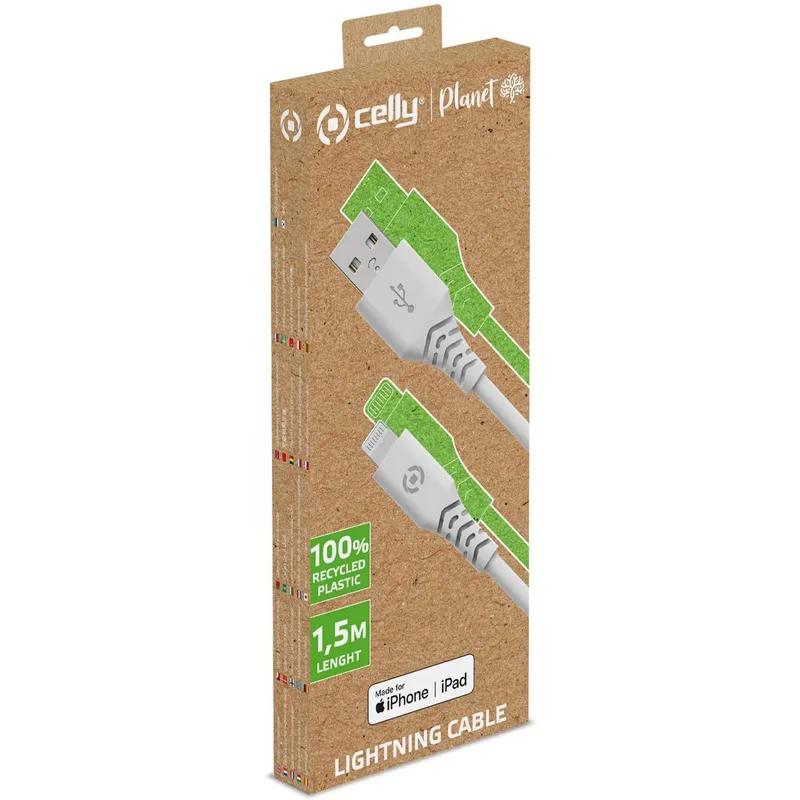 Bild 2 för Celly Planet USB-A - Lightning-kabel 1,5m av 100% återvunnen plast Vit