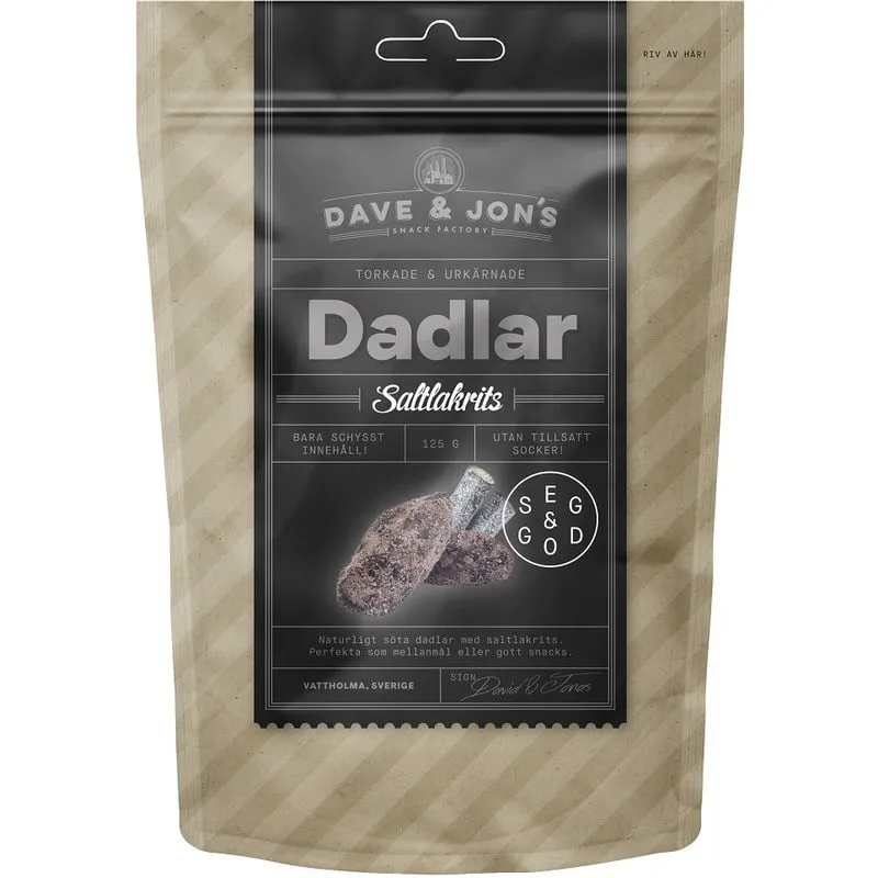 Bild 1 för Dave & Jon´s Dave & Jon's Dadlar Saltlakrits 125 g