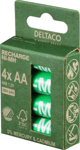 Produktfoto för DELTACO - Batteri - Svanen miljömärkning 4 x AA / HR6 - NiMH - (uppladdningsbara) - 2500 mAh