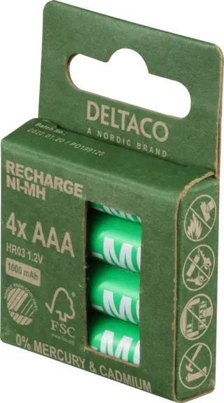 Produktfoto för DELTACO - Batteri - Svanen miljömärkning 4 x AAA / HR03 - NiMH - (uppladdningsbara) - 1000 mAh