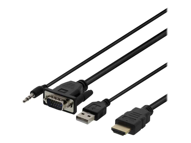 Alternativ bild 0 för DELTACO - HDMI-kabel - HDMI hane till USB, HD-15 (VGA), minijack hane - 2 m - svart - tumskruvar, stöd för 1080p