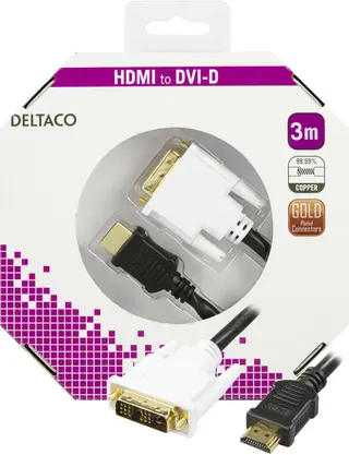 Produktfoto för DELTACO HDMI till DVI kabel, 19-pin-DVI-D Single Link, 3m, svart