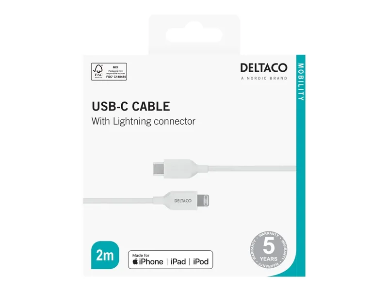 Alternativ bild 0 för DELTACO - Lightning-kabel - 24 pin USB-C hane till Lightning hane - 2 m - vit
