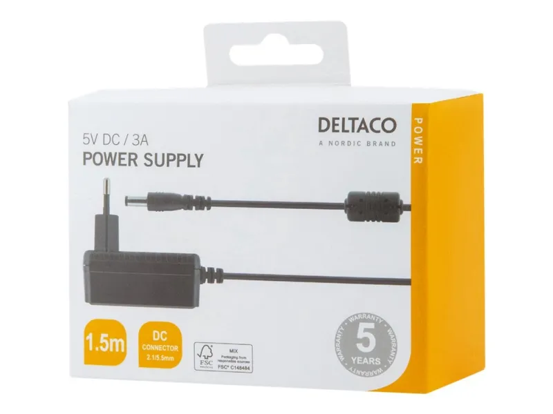 Alternativ bild 0 för DELTACO Nätadapter, 100-240V AC 50-60Hz till 5V DC, 3A, 1.5m - Svart