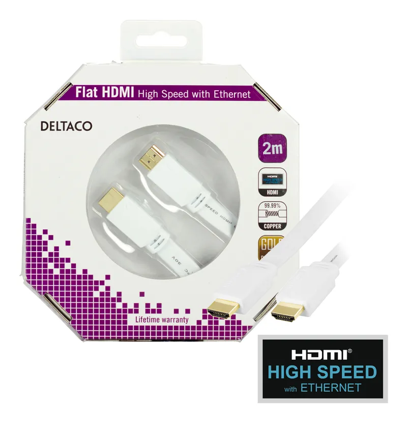 Bild 1 för DELTACO platt HDMI-kabel, 2m, vit