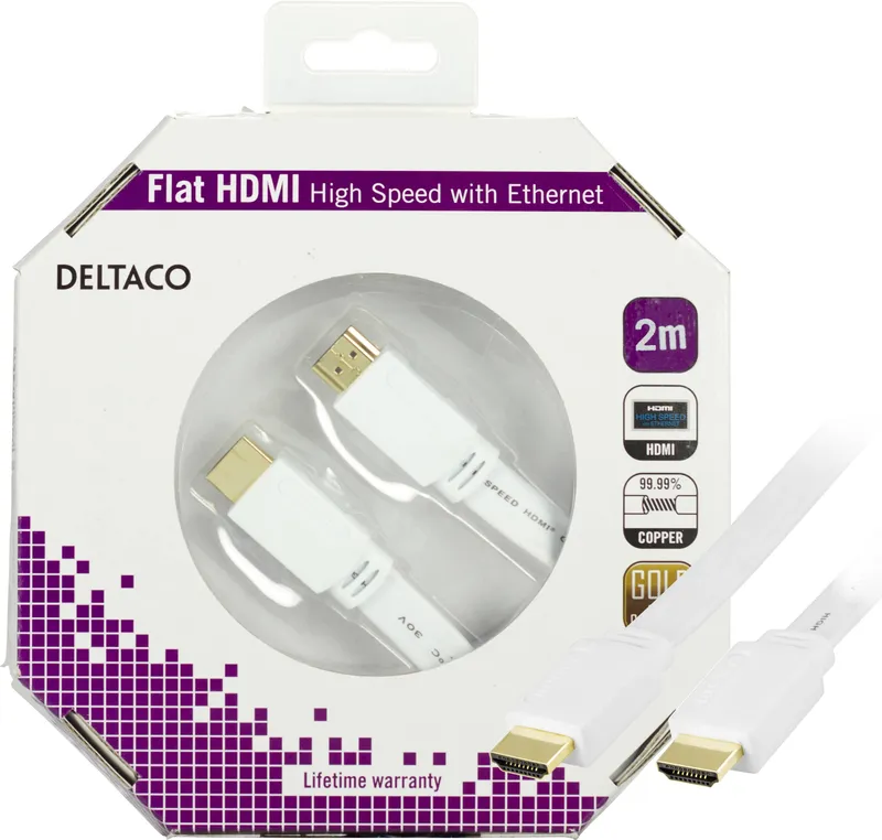 Bild 2 för DELTACO platt HDMI-kabel, 2m, vit