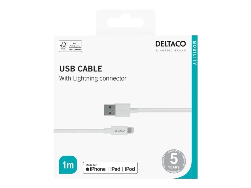 Alternativ bild 0 för DELTACO synk/laddkabel, 1 m, MFI,USB Typ A ha - Lightning