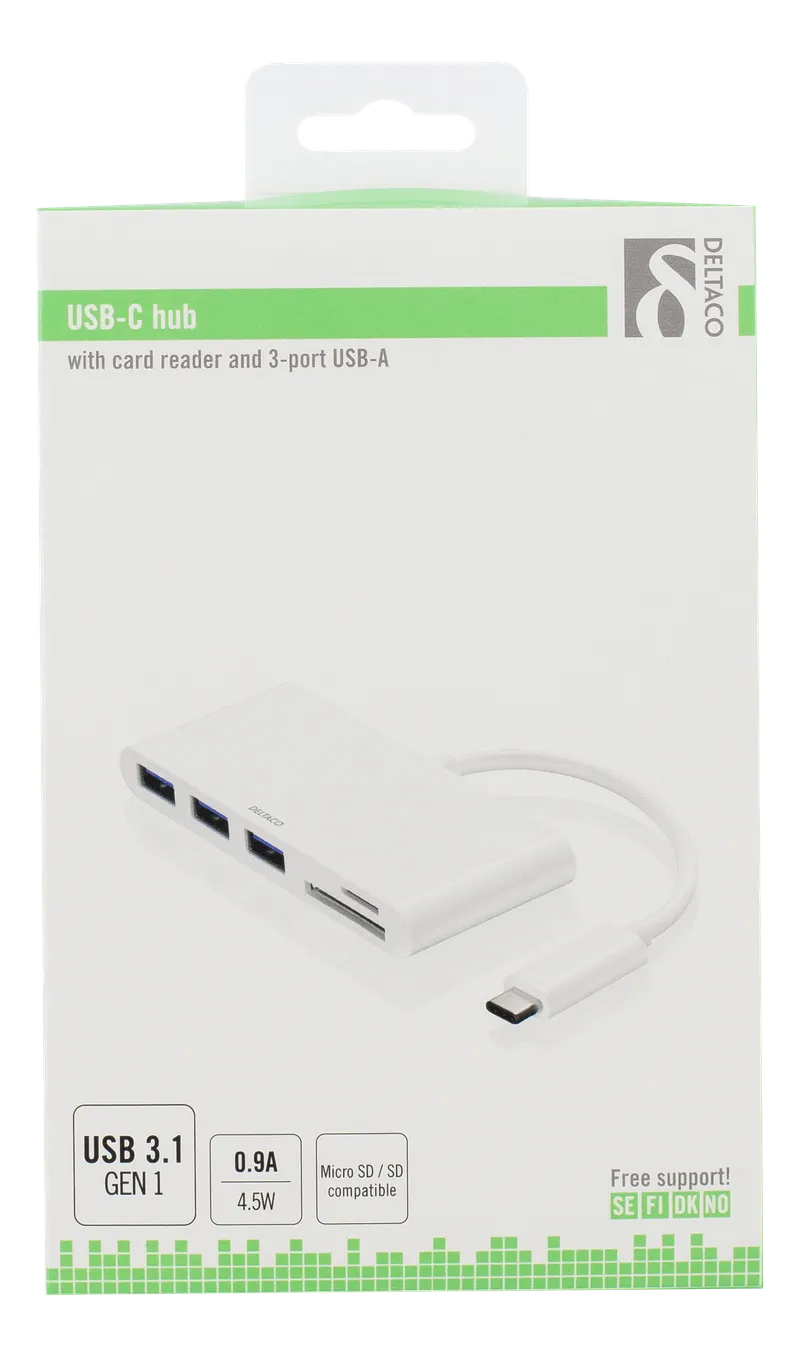 Bild 2 för Deltaco USB-hubb 3.1 USB-C, 3xUSB A, SD/microSD-reader - Vit