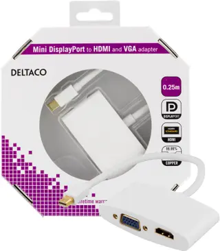 Produktfoto för DELTACO - Videoadapter - Mini DisplayPort hane till HD-15 (VGA), HDMI hona - vit