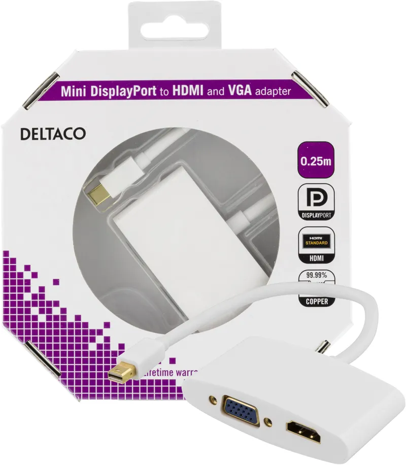 Bild 2 för DELTACO - Videoadapter - Mini DisplayPort hane till HD-15 (VGA), HDMI hona - vit