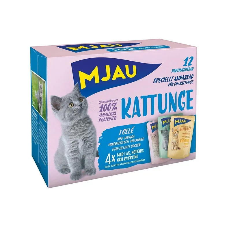 Bild 2 för Doggy Mjau Pouch Multipack Kattunge Lax, Nöt, Kyckling 12x85 g