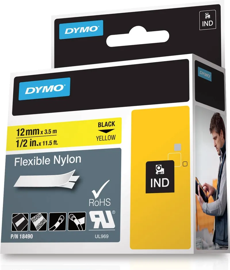 Bild 2 för DYMO Dymo Rhino Flexibel nylon, 12 mm x 3.5 m - svart på gul