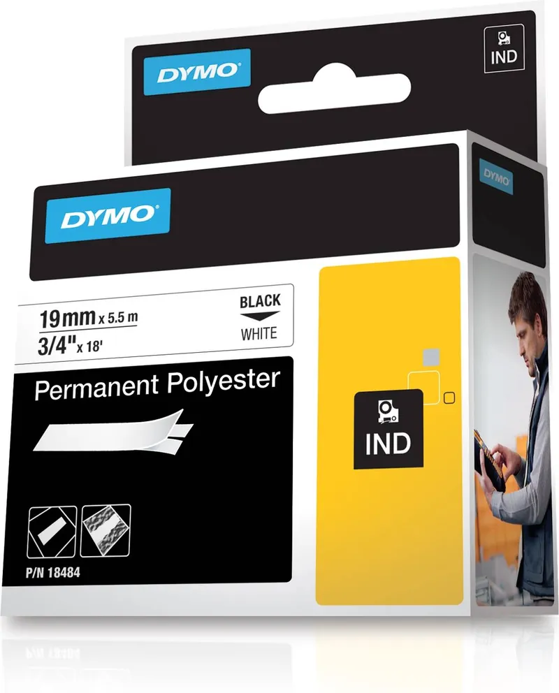 Bild 2 för DYMO Dymo Rhino permanent polyester 19 mm x 5.5 m - svart på vit