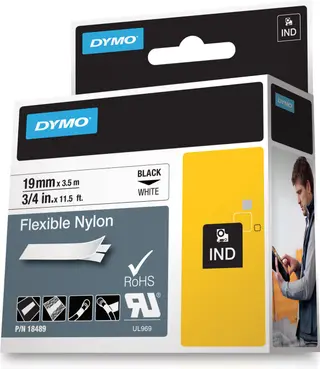 Produktfoto för DYMO Rhino Flexibel nylon, 19 mm x 3,5 m, svart på vit