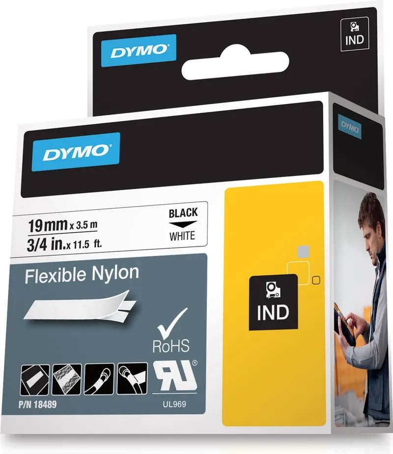 Bild 2 för DYMO Rhino Flexibel nylon, 19 mm x 3,5 m, svart på vit