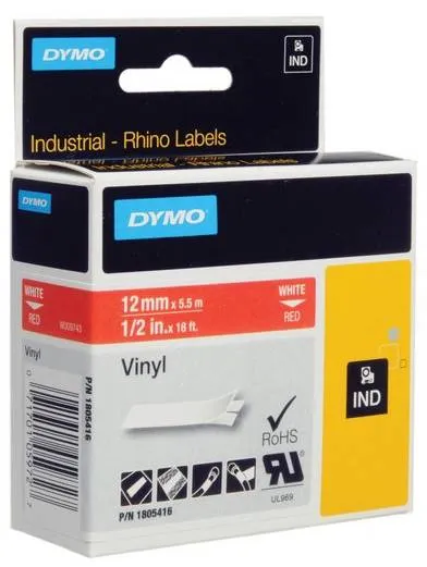 Bild 2 för DYMO Rhino industri vinyl tejp,12 mm x 5.5 m kassett, vit på röd, självhäftande