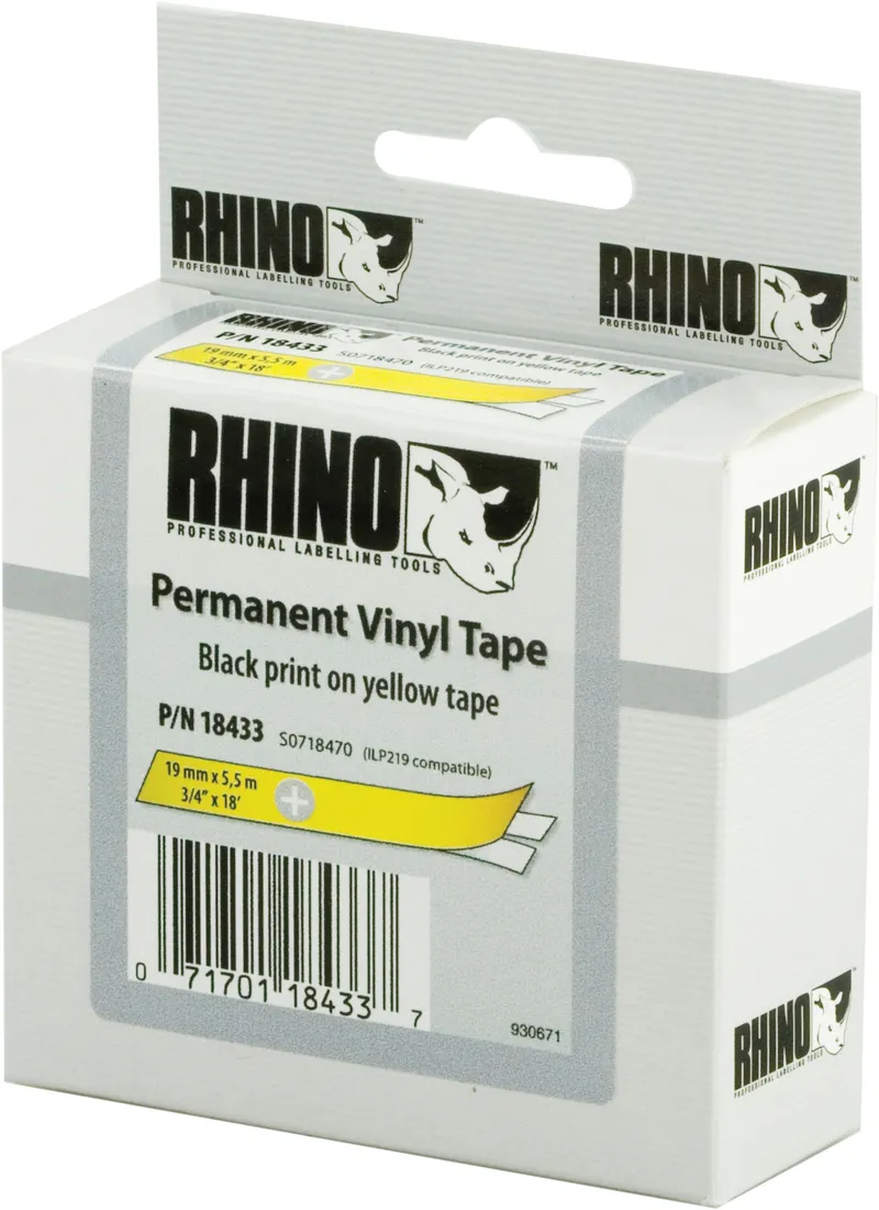 Bild 1 för DYMO Rhino industri vinyl tejp,19 mm x 5.5 m kassett, svart på gul, självhäftande