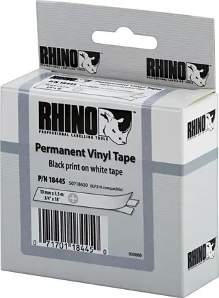 Produktfoto för DYMO Rhino industri vinyl tejp,19 mm x 5.5 m kassett, svart på vit, självhäftande