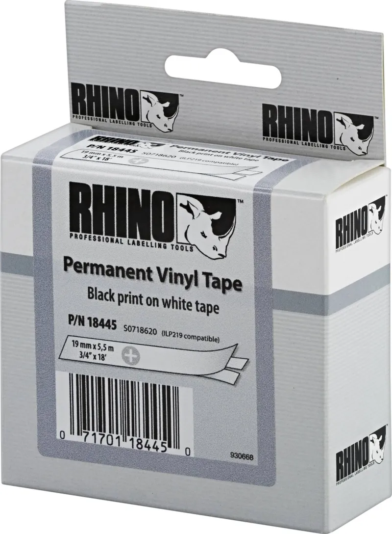 Bild 2 för DYMO Rhino industri vinyl tejp,19 mm x 5.5 m kassett, svart på vit, självhäftande