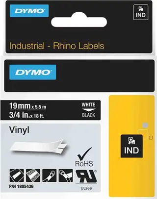 Produktfoto för DYMO Rhino industri vinyl tejp,19 mm x 5.5 m kassett, vit på svart, självhäftande