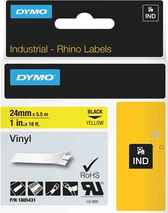 Bild 1 för DYMO Rhino industri vinyl tejp, 24 mm x 5.5 m kassett, svart på gul, självhäftande