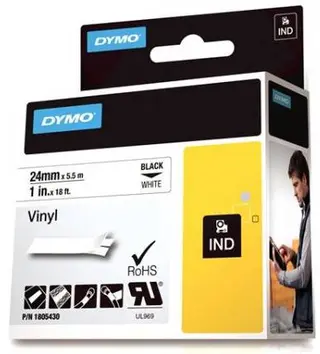 Produktfoto för DYMO Rhino industri vinyl tejp, 24 mm x 5.5 m kassett, svart på vit, självhäftande