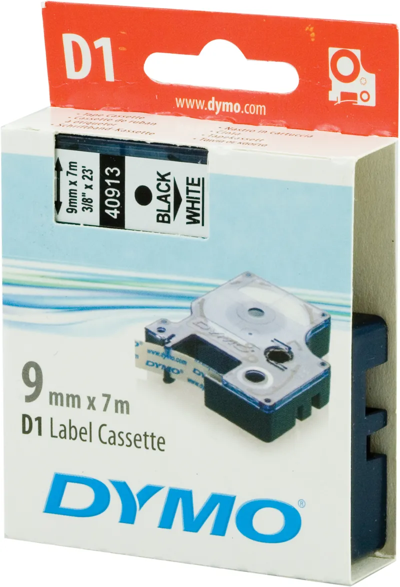 Bild 1 för Dymo Tape D1 9mm svart på vit